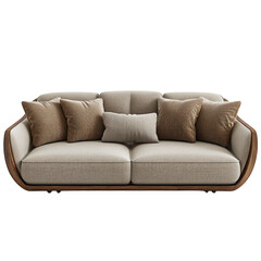 A luxurious curved sofa invites relaxation with its plush neutral cushions and rich wood frame against a clean white background.