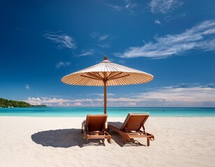 Plage paradisiaque avec parasol et chaises longues