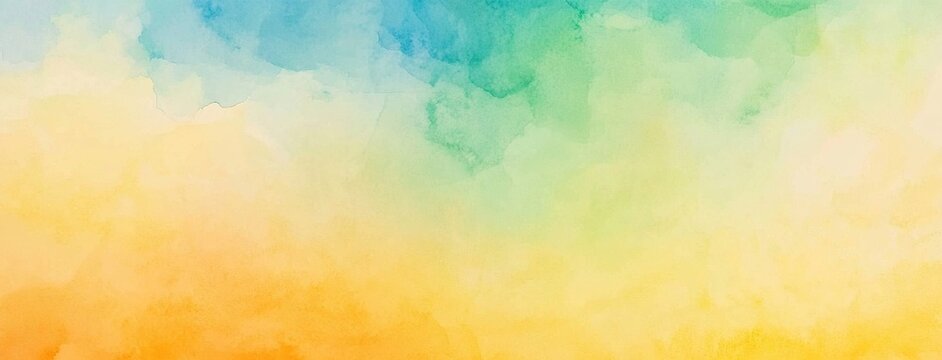 Colorful watercolor background of abstract sunset sky with paint blotches and soft blurred texture in blue green yellow beige and orange border in gradient paint colors 