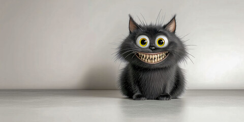 A Grinning Black Cat: A fluffy black cat, with a wide, unsettling grin and piercing yellow eyes, stares directly at the viewer with an unsettling blend of mischief and dark humor.