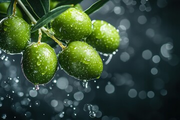 Suspended glossy green olives with water droplets on dark slate