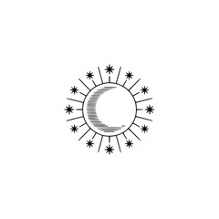 Celestial Crescent Moon & Starburst Icon on White Background