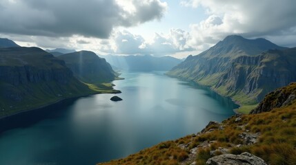 Obraz premium Detailed aerial photo of a Norwegian landscape during midday with cloudy skies and a high perspective.
