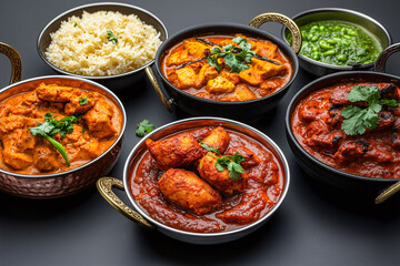 Culinary Voyage: A delectable array of Indian cuisine, featuring a rich assortment of curries, rice, and sauces, presenting a feast of colors, textures, and tastes.