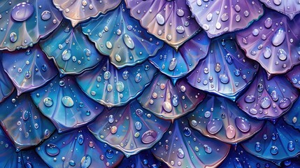 Obraz premium Colorful close-up of shimmering water droplets on layered leaves, showcasing vibrant hues and textures