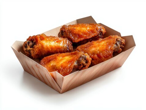 Delicious fried chicken wings in a paper box isolated on white background perfectly crispy and seasoned mouthwatering presentation paper box with minimal design. Crispy chicken in a box.