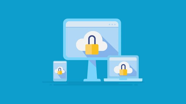 Cyber security, cloud with padlock on digital device screen, online data storage access control and information privacy protection concept. 