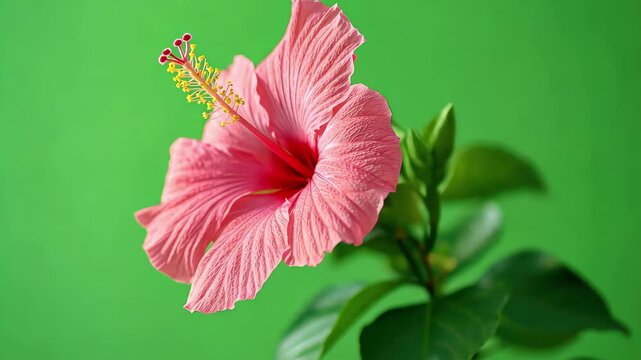 Tropical hibiscus flower blooms beautifully in time lapse against vibrant green background, Hibiscus tropical flower time lapse bloom on green screen chroma key background with matte