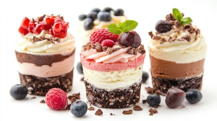 Decadent layered dessert! Creamy white, pink berry, and rich chocolate create a stunning visual treat. A sweet indulgence