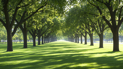 Obraz premium Lush green trees line serene pathway in park