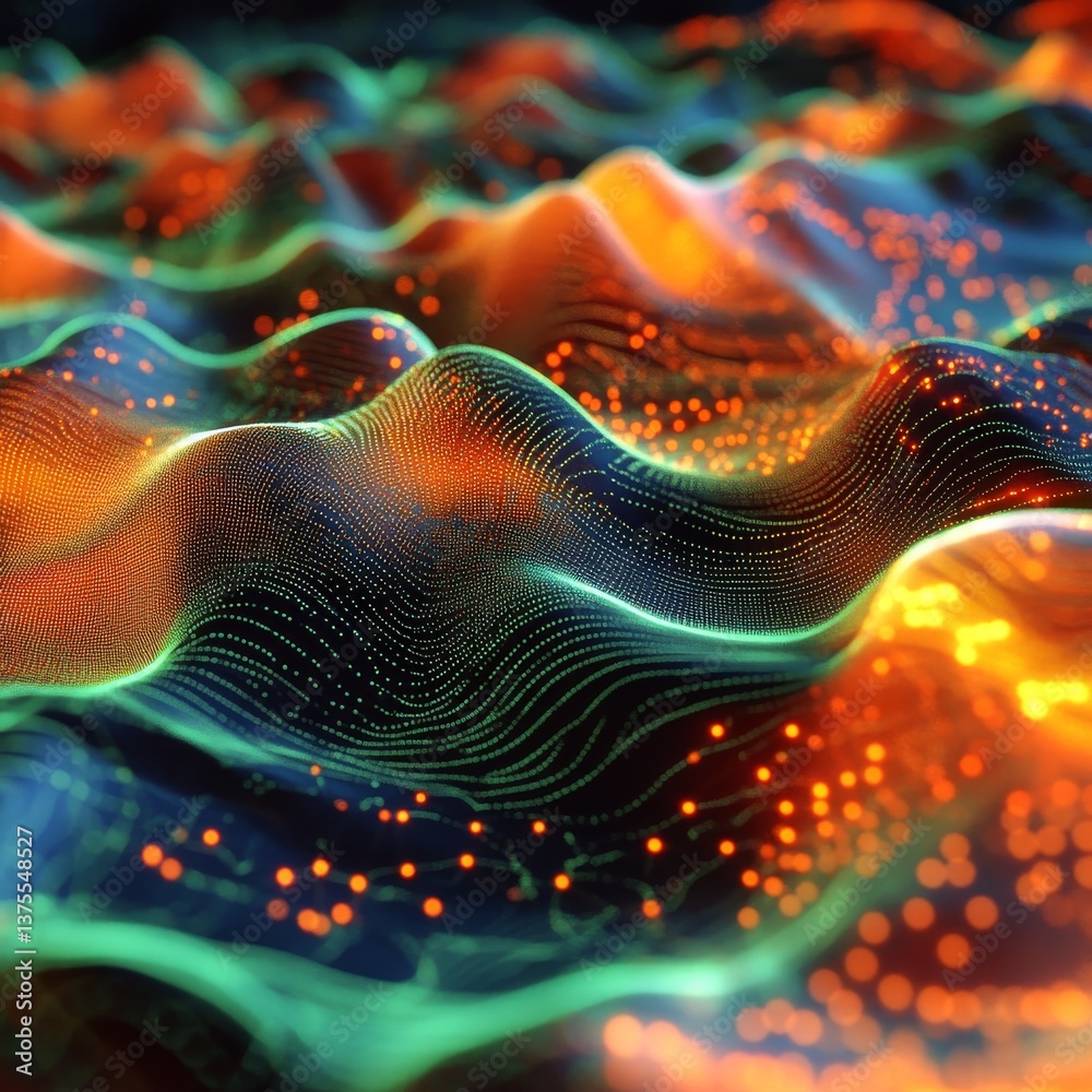 Poster Abstract Data Wave: Digital Landscape with Flowing Lines and Luminous Particles, Evoking Network Connectivity and Technological Innovation.