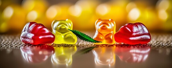 Mixed color cannabis gummy bears vivid and with a marijuana leaf selective focus on the candies colors. Colorful marijuana sweets.