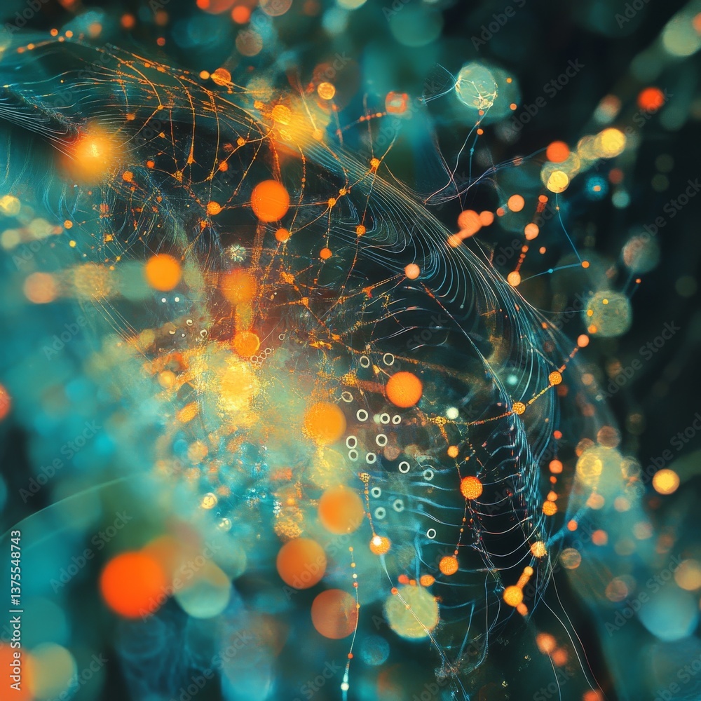 Aufkleber Abstract Network of Light: Interconnected Nodes Glowing Against a Teal Background with Bokeh Effects