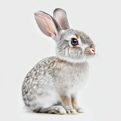 Fototapeta premium Adorable Gray and White Bunny Rabbit Sitting on a White Background Looking to the Right