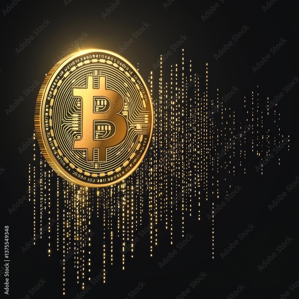 Poster Bitcoin: Golden Cryptocurrency with Emerging Digital Data Streams on a Dark Background