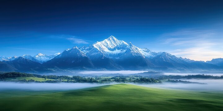Snowy Mountain Peaks Under a Clear Blue Sky with Green Fields and Morning Fog in a Serene Natural Landscape - Powered by Adobe