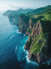 Aerial View of Rugged Coastline with Lush Greenery and Crystal-Clear Waters in Brittany France
