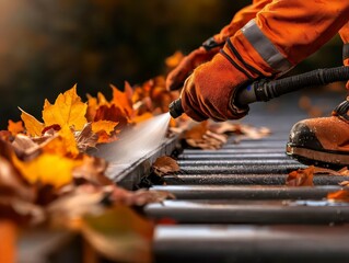 Worker using pressure washer on driveway high pressure water stream cleaning service concept autumn outdoor scene. Autumn driveway cleaning.