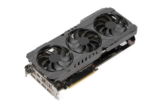 Computer Motherboard and graphics cards, bitcoin mining and cryptocurrency. Close-up on several GPU. Bitcoin Cryptocurrency coin on a PC computer motherboard, crypto currency mining concept.