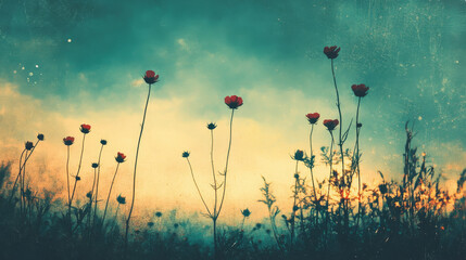 Obraz premium Silhouetted flowers against colorful sky at sunset