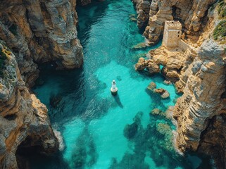 Aerial View of Lighthouse on Rocky Coastline in Brittany France