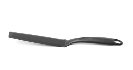 Ladle, turner, kitchen utensils isolated on white. Kitchen spatula on isolated white background. Black plastic kitchen spatula isolated on white background. A set of kitchen utensils.