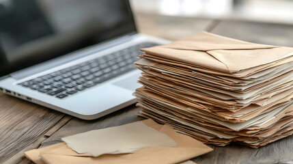 of handwritten letters next to a laptop open to an email inbox, symbolizing the transition in communication methods 