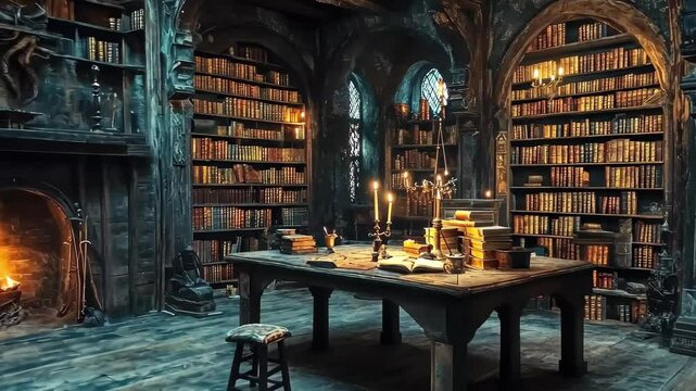 Exploring a mystical witch's room filled with ancient books and alchemical tools at dusk, Animated background of witch room, medieval fantasy ing time-lapse video