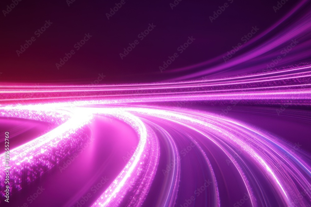 Poster glowing light trails create vibrant patterns over cubes on a purple background, glowing light trails