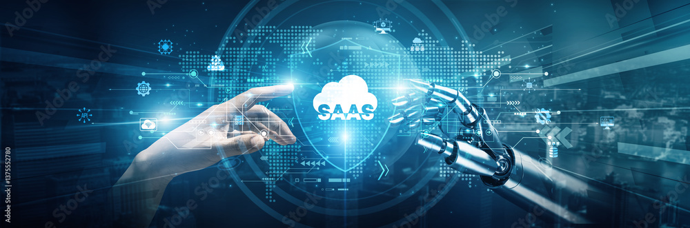 Poster hands of robot and human touch on software as a service signify collaboration in cloud-based solutio