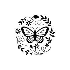 Fototapeta premium Elegant Butterfly and Floral Circle Design, Black and White Vector