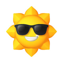 3D sun emoji icon with sunglasses, isolated on white. Bright yellow sunshine symbol for weather, climate, and summer vacation concepts. Vector illustration.
