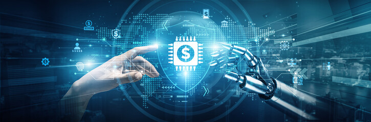 Hands of robots and human touch on fintech represent collaboration in automation and innovation. Fintech integrates robotics AI and blockchain to improve efficiency in risk management and compliance.