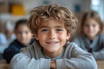 Smiling young student in a classroom setting with peers in the background
