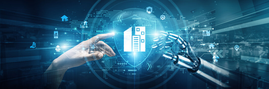 Hands of robots and human touch on Property Management signify collaboration in optimizing operations. Property Management integrates AI-driven tools automates routine tasks improves tenant experience