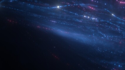 Futuristic glowing abstract blue and purple particle string background. Abstract data flow and digital communication 3D illustration depicting cybernetics, data science and cloud computing.