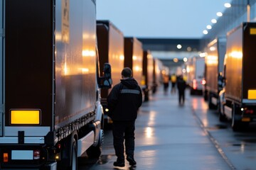 A fleet of logistics trucks parked at a warehouse loading dock during twilight, emphasizing the critical role of transportation in supply chain management and commerce efficiency.