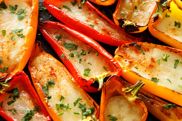 Grilled pepper halves stuffed with mozzarella cheese sprinkled with fresh herbs on a black background, focus on the middle, close-up