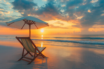 Umbrella with chair with sea beach background and sunrise in morning