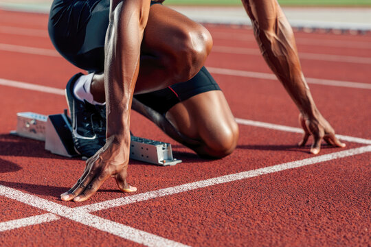African male athlete prepares for track race on red running track surface