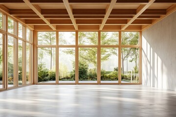 Interior space with wooden beams and large windows overlooking lush green trees and natural light