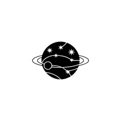 Abstract Black & White Planet Icon with Stars