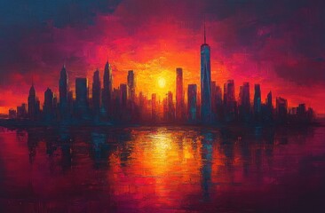 Vibrant Abstract Impressionist Cityscape with Skyscrapers at Sunset