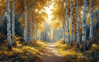 Obraz premium Serene Birch Tree Forest Landscape with Golden Morning Light
