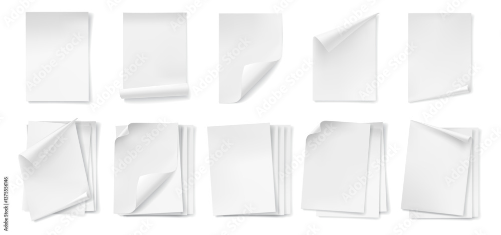 Poster Notes and empty notebook pages set with curved edges. Vector realistic collection of documents, sheets of paper or clean blanks with bent corners. Flipping and tuning book or scroll