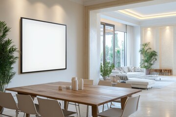 Dining area with wooden table chairs and blank canvas in a bright modern open concept living space