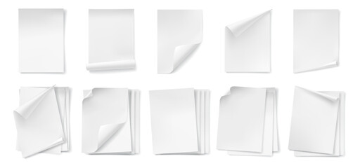 Notes and empty notebook pages set with curved edges. Vector realistic collection of documents, sheets of paper or clean blanks with bent corners. Flipping and tuning book or scroll