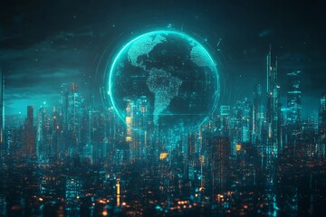 A futuristic cityscape with a glowing earth hologram hovering above the skyscrapers at night time
