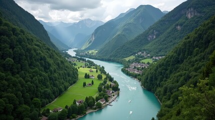 High-quality photo of Rhine Gorge (Ruinaulta) in Switzerland during midday, with cloudy conditions, taken from above, showcasing the vast, dramatic landscape.