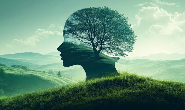 Silhouette of a head filled with a landscape with a tree on a hill and green rolling hills behind